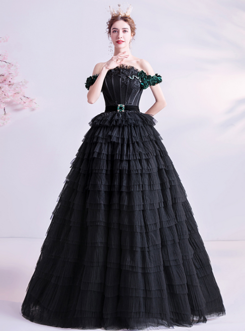 In Stock:Ship in 48 Hours A-Line Black Tulle Off the Shoulder Prom Dress