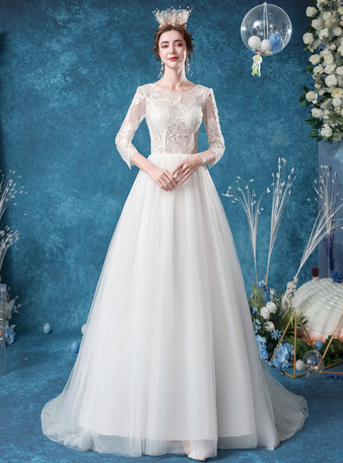 In Stock:Ship in 48 Hours White Tulle Lace Appliques 3/4 Sleeve Wedding Dress