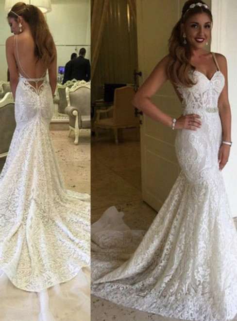 Sexy Mermaid Spaghetti Backless Lace Bridal Gown Wedding Party Dresses