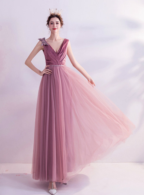 In Stock:Ship in 48 Hours Pink V-neck Tulle Pleats Prom Dress