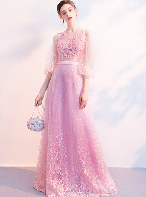 In Stock:Ship in 48 Hours Pink Tulle Lace Half Sleeve Prom Dress