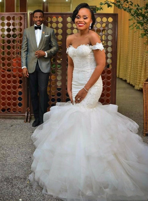 Vestido African Mermaid Wedding Dress Off Shoulder Applique Lace Up Bridal Gown