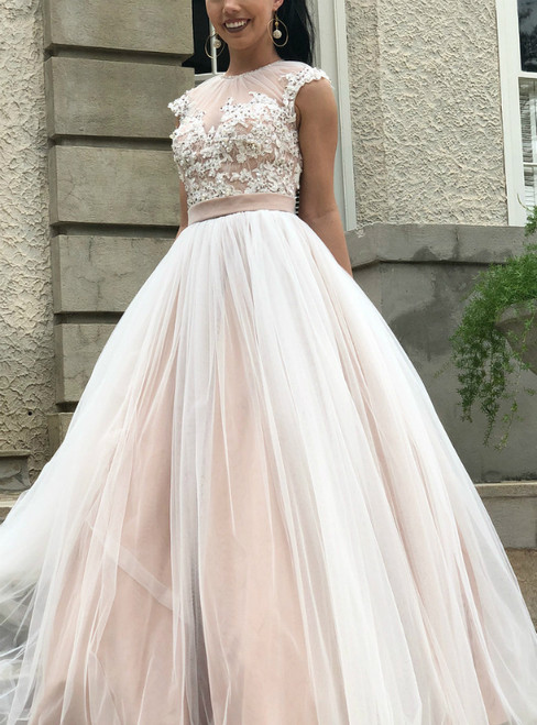 A-Line Champagne Tulle Open Back Appliques Beading Prom Dress