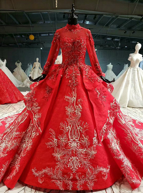 Red Ball Gown Tulle High Neck Long Sleeve Beading Wedding With Beading