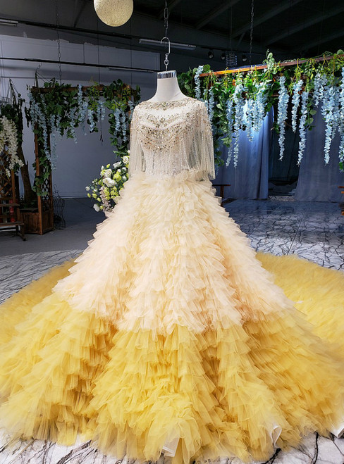 Yellow Ball Gown Tulle Tiers Cap SLeeve Backless Beading Wedding Dress With Shawl