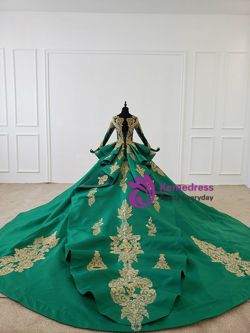 Green Bll Gown Satin Gold Appliques Long Sleeve Backless Wedding Dress