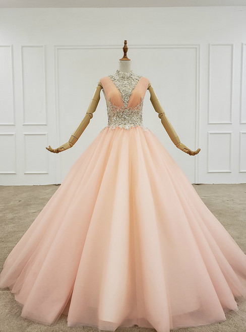 Orange Ball Gown Tulle Pleats Backless High Neck Beading Crystal Wedding Dress