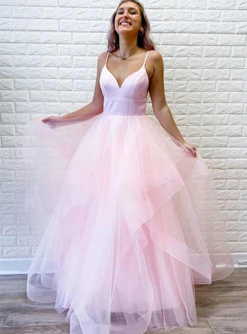A-Line Pink Tulle V-neck Sleeveless Long Prom Dress