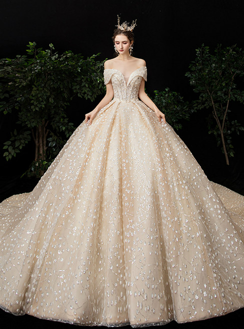 Champagne Tulle Sequins Off the Shoulder Wedding Dress With Train