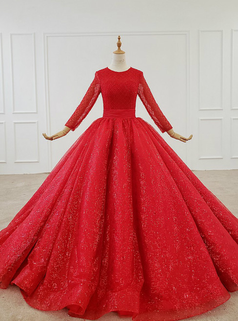 Red Ball Gown Tulle Sequins Long Sleeve Beading Floor Length Wedding Dress