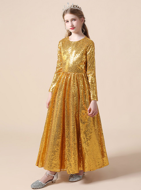 A-Line Gold Sequins Long Sleeve Flower Girl Dress