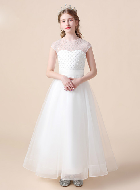A-Line White Tulle Sequins Cap Sleeve Flower Girl Dress