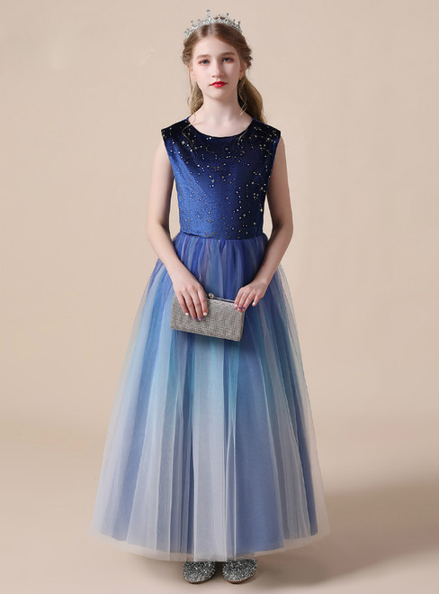 Simple Blue Tulle Velvet Sequins Long Flower Girl Dress