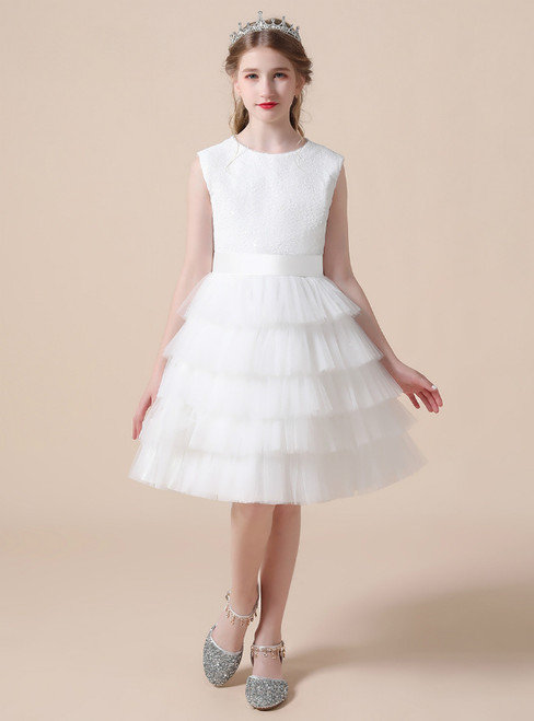 Fashion White Tulle Tiers Sequins Short Flower Girl Dress