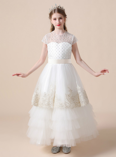 A-Line White Tulle Sequins Cap Sleeve Appliques Flower Girl Dress