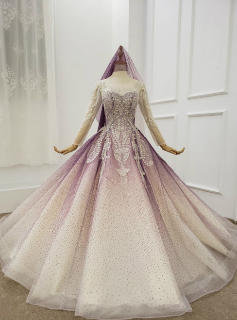 Purple Ball Gown Tulle Sequins Long Sleeve Wedding Dress