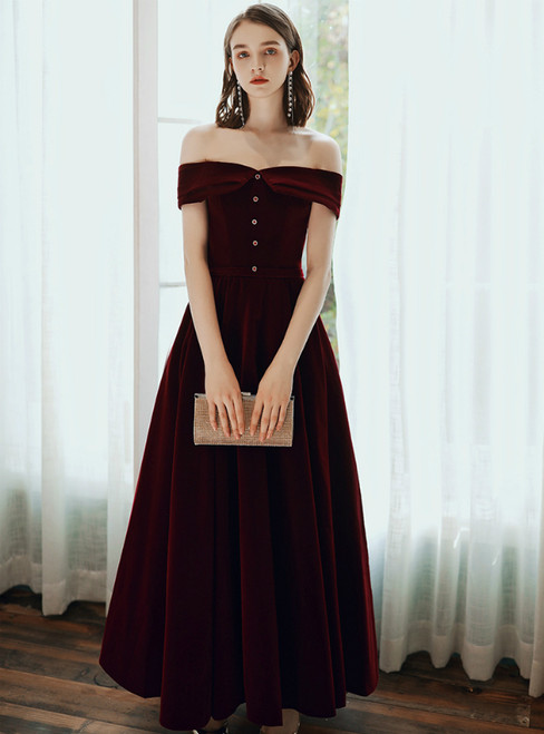 A-Line Burgundy Velvet Off the Shoulder Ankle Length Prom Dress 2020