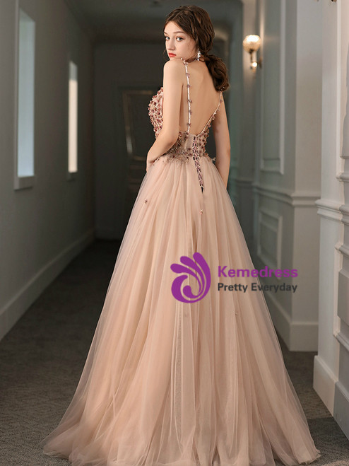 Sweet Pink Chiffon Tulle Appliques Prom Dress,Spaghetti Straps Long Evening Dress Y8327