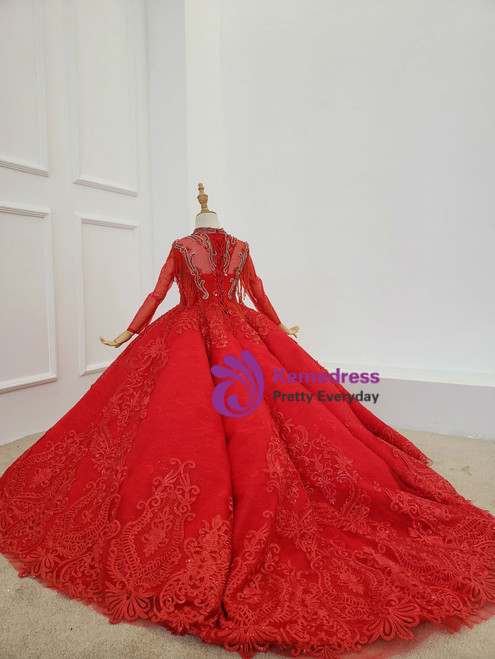 Red Ball Gown Lace Appliques Long Sleeve Beading High Neck Flower Girl Dress 2020