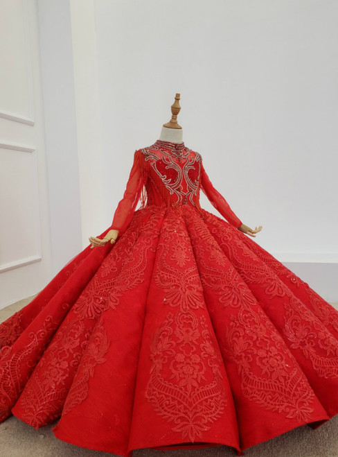 Red Ball Gown Lace Appliques Long Sleeve Beading High Neck Flower Girl Dress 2020