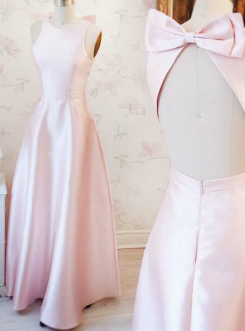 A-Line Pink Satin Backless Floor Length Prom Dress With Bow