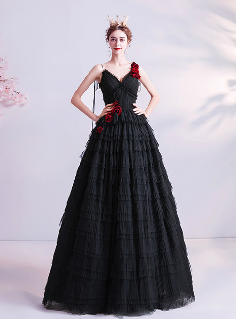 In Stock:Ship in 48 Hours Black Tulle V-neck Tiers Prom Dress 2020
