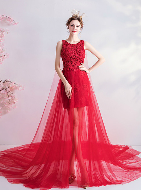 In Stock:Ship in 48 Hours Red Tulle Lace Appliques Wedding Dress