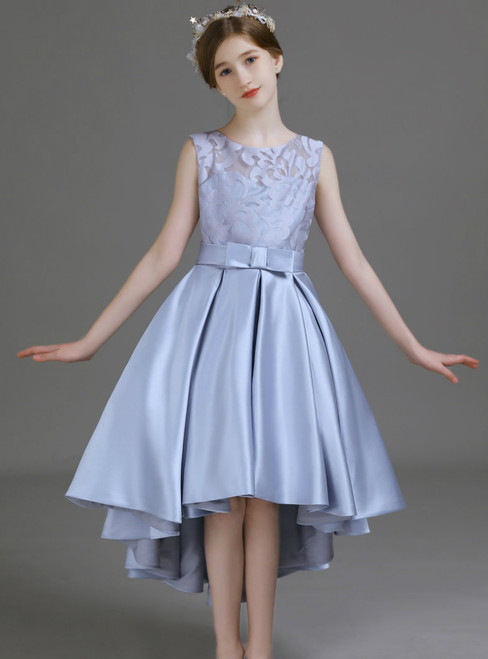 A-Line Silver Gray Satin Hi Lo Flower Girl Dress With Bow