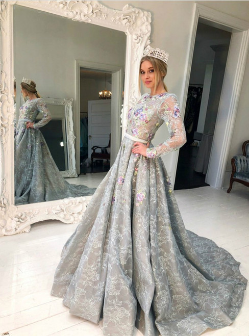 Long Sleeve Gray Lace Jewel Neckline A-line Prom Dresses With Print