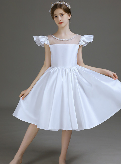 Simple White Satin Short Knee Length Flower Girl Dress With Bow