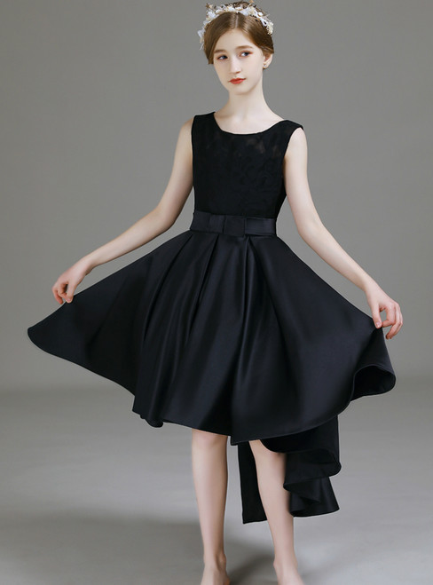 A-Line Black Satin Hi Lo Simple Flower Girl Dress