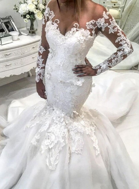 White Mermaid Tulle Long Sleeve V-neck 3D Flower Wedding Dress