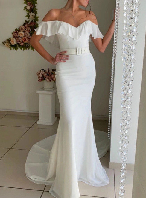 White Mermaid Chiffon See Through Neck Wedding Dress With Sash 2020