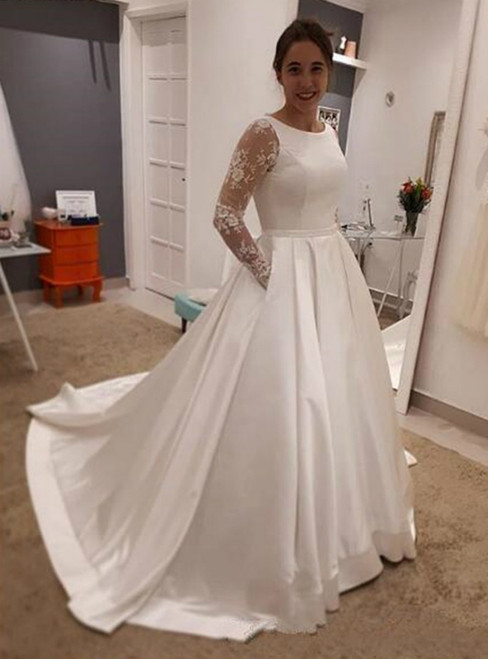 White Satin Lace Long Sleeve O-Neck Button Back Sweep Train Wedding Dress 2020