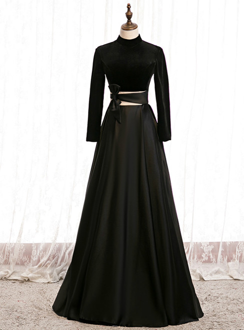 A-Line Black Satin High Neck Long Sleeve Prom Dress 2020