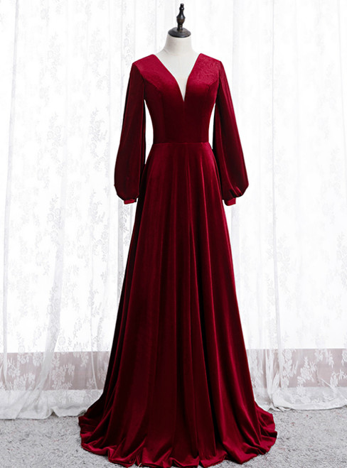 Burgundy Velvet V-neck Long Sleeve Long Prom Dress 2020