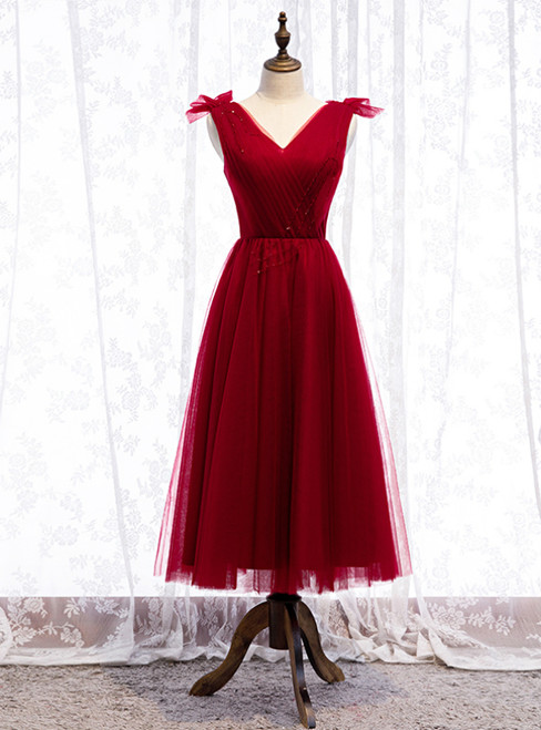 A-line Burgundy Tulle V-neck Pleats Beading Tea Length Prom Dress 2020