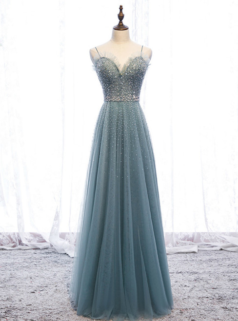 A-Line Green Tulle Spaghetti Straps Beading Prom Dress 2020