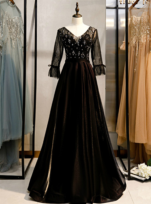 A-Line Black V-neck 3/4 Sleeve Crystal Prom Dress 2020