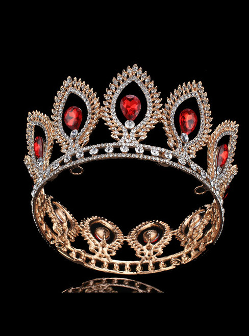 Red Shining Rhinestone Round Crown Bride Ring Crown