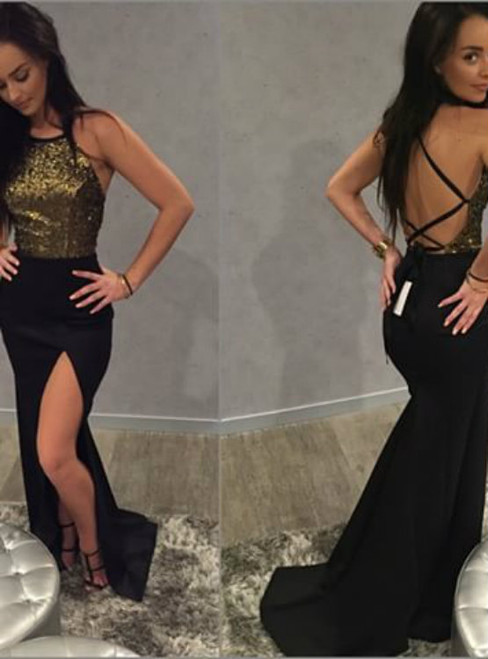 Prom Gown Black Halter Prom Dress Side Slit Prom Gown Backless Gown
