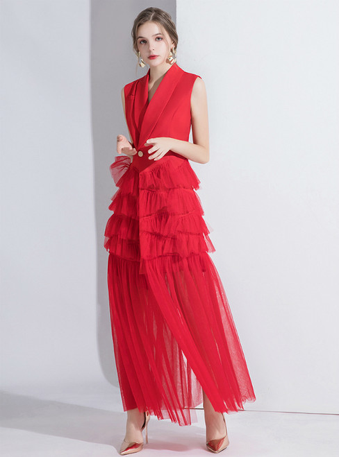 Red Suit Sleeveless Tulle V-neck Evening Dress