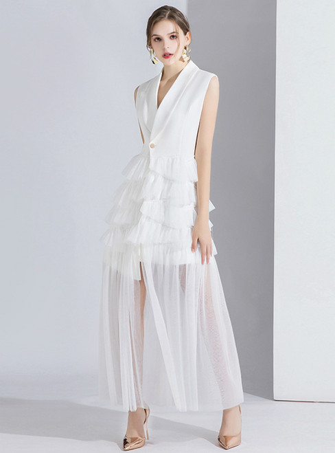 White Suit Sleeveless Tulle V-neck Evening Dress