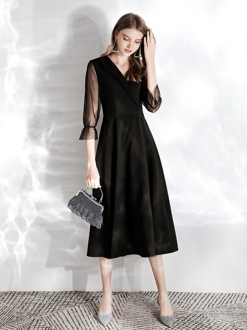 In Stock:Ship in 48 hours Black Satin V-neck 3/4 Sleeve Prom Dress