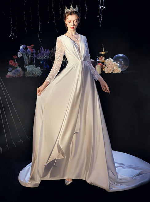 White Satin V-neck Lace Long Sleeve Wedding Dress