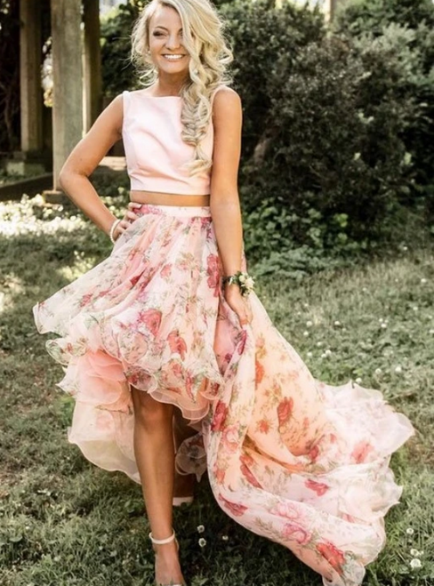 Pink Two Piece Organza Hi Lo Print Prom Dress 2020