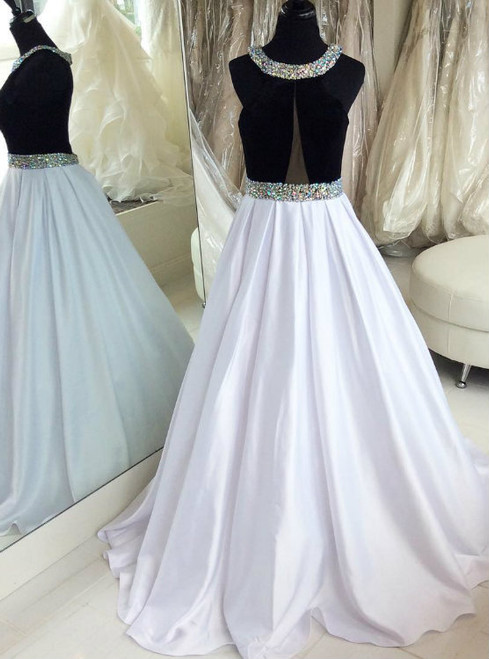 Black and White Satin Long Evening Dresses Prom Gowns with Crystals 2017