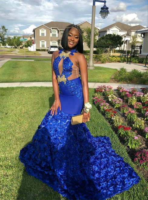 Royal Blue Mermaid Satin Flower Halter Appliques Backless Prom Dress 2020