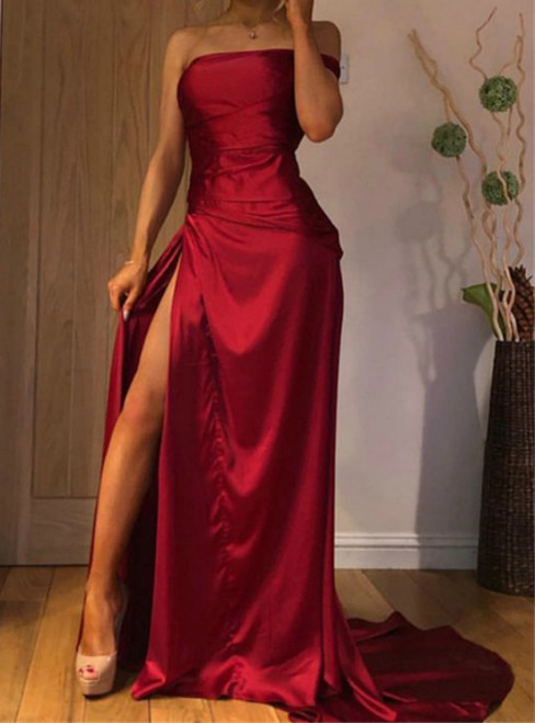 Sexy Burgundy Satin One Shoulder Long Prom Dress With Side Split