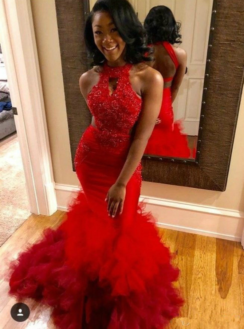 2020 Great Choice Red Mermaid Tulle Halter Backless Appliques Beading Prom Dress